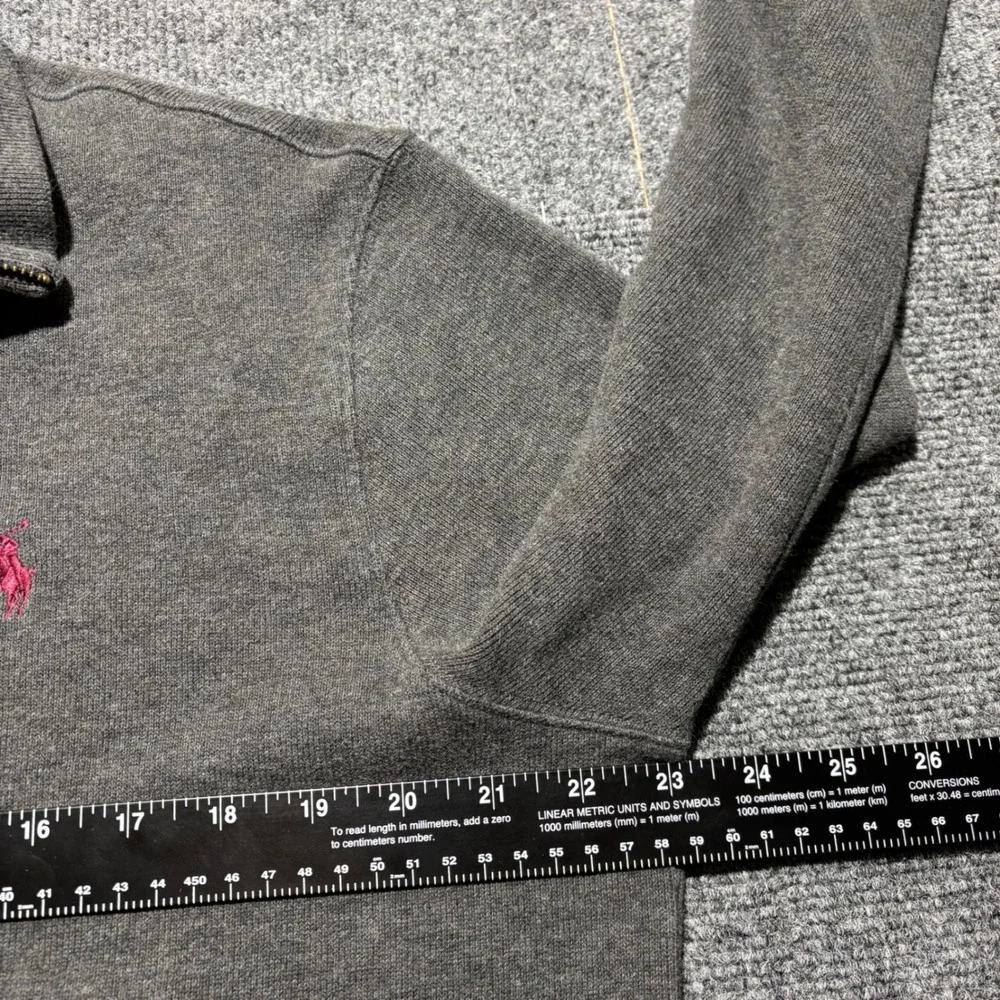 Polo Ralph Lauren Mens Large Gray Quarter Zip Pullover Cotton Pink Pony Logo